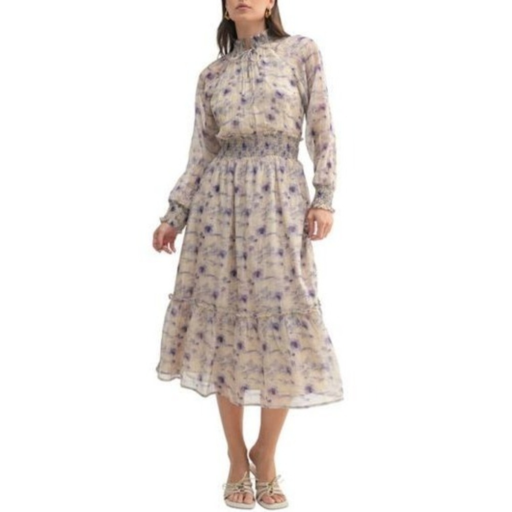 Nordstrom MILA MAI ruffle smocked neck waist midi dress Semi sheer lined woman S